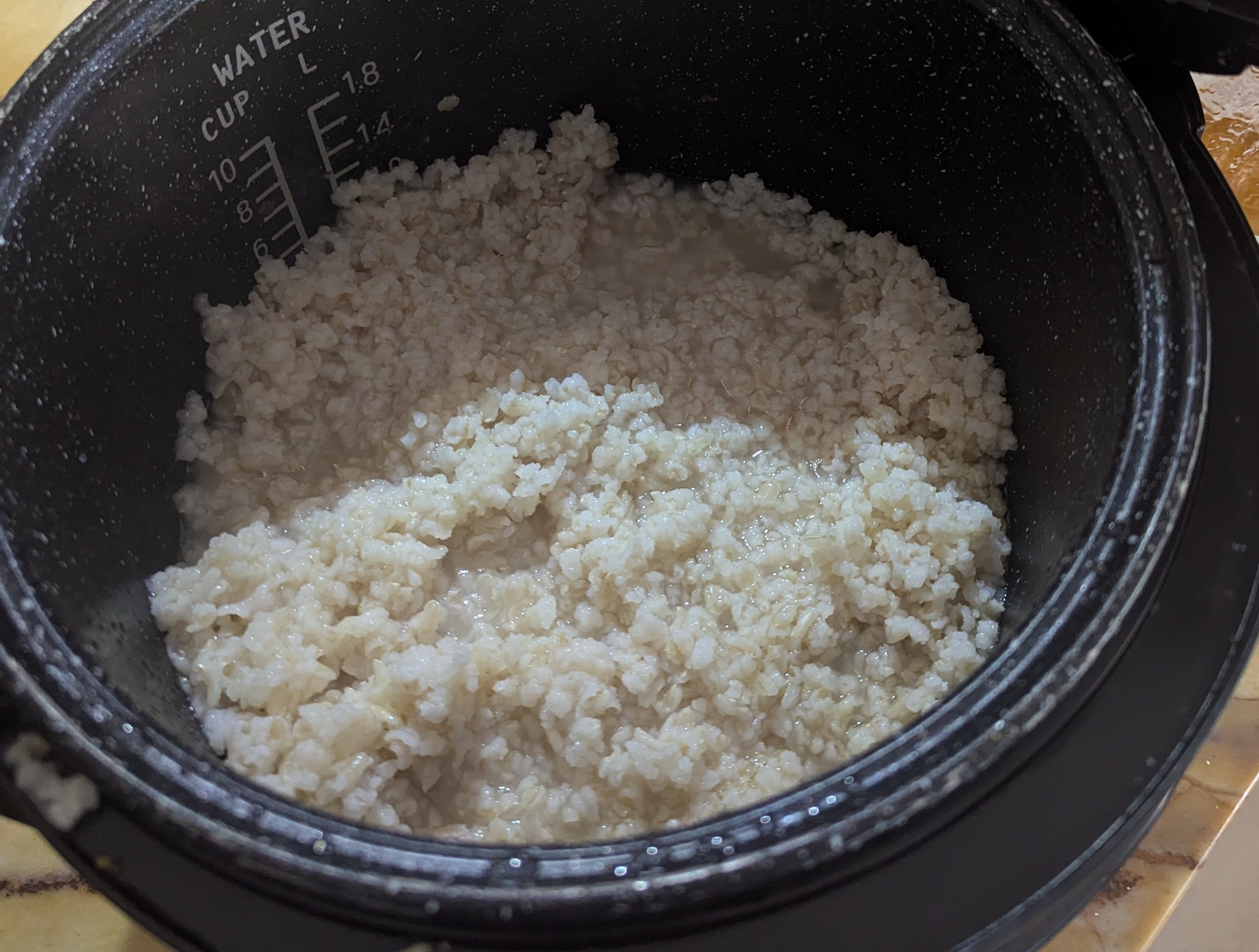 Soft bhakta brown rice prepared in an electric rice cooker